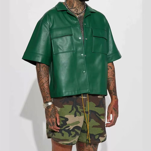 <b>Men</b>’s Faux Leather Shirt and Camo Shorts Set Cropped Oversized PU Shirt Streetwear Warmup Shorts Casual Outfit - Product Image 1