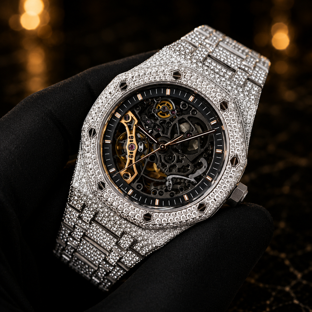 Fully Iced VVS Moissanite Black Skeleton Analog Screw Case Quartz Citizen Simple Charm Hip Hop Classic Fashion Luxury Men Silver