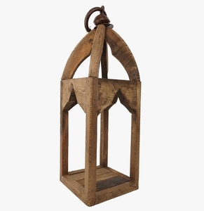 Lanterne à bougie vintage en bois, support carré rustique pour pilier, lanterne décorative de style ferme avec anneau en métal antique et poignée décorative - Product Image 1