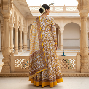 Yellow White Floral Cotton Kurti Sarong <b>Pyjama</b> Set | High Quality Hand Block Print Women Punjabi Suit Set Handmade Masterpiece - Product Image 3