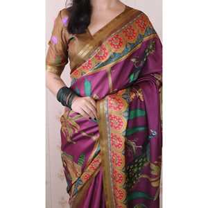 Sari Tradicional Tejido con Hilo Zari, Color Vino, Seda Tussar Suave, Pichwai, Ropa India y Pakistaní, Tejidos de Élite, 450g - Product Image 5