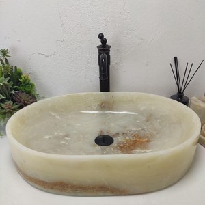 Lavabo Ovalado de Ónix Verde Claro, Lavabo de Piedra Natural con Acabado Cepillado, Resistente al Fuego, Garantía de 5 Años, Moderno, para Cocina y Comedor - Product Image 1