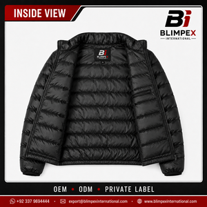 OEM Custom <b>Mens</b> <b>Black</b> Stand Collar Puffer Jacket Lightweight Quilted Winter Coat 3D Embroidered Logo Private Label - Product Image 4