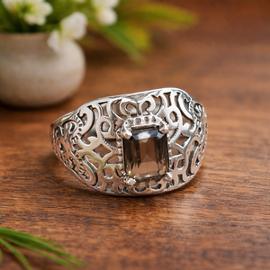 Anillo de Plata de Ley 925 con Cuarzo Ahumado, Hecho a Mano, con Filigrana, Anillo Rectangular con Gema para Hombre, Estilo Vintage - Product Image 6
