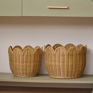 Scalloped <b>Edge</b> Rattan Storage Baskets Decorative Woven Basket Set For Shelves, Home Organization, Stylish Natural Design - Product Image 1