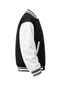 Custom <b>Men's</b> <b>Leather</b> Varsity <b>Jacket</b> Two Tone Bomber Style Stand Collar Button Front Embroidered Logo Loose Fit Winter Patchwork - Product Image 5