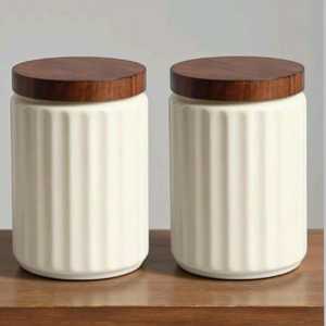 Ceramic Food Storage <b>Jars</b> With Wooden Lids Airtight Minimalist Design Kitchen <b>Spice</b> Containers Handcrafted Round Shape - Product Image 3