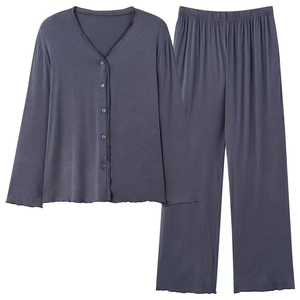 Conjunto de pijama de punto con cintura elástica y ribete en contraste para mujer, pantalones y top de manga larga, ropa de dormir cómoda, ropa moderna para estar en casa, suave - Product Image 1