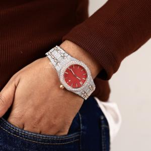 Reloj de Mujer de 34 mm con Moissanita, Esfera Roja, Tono Oro Rosa, Acero Inoxidable, Estilo Hip Hop, Lujoso y Brillante - Product Image 5