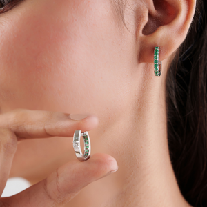 Pendientes de Aro Huggie de Oro Blanco Puro de 18K con Esmeralda y Diamantes, Piedra Preciosa Natural, Estilo de Moda, Piedra de Nacimiento de Mayo, Joyería al por Mayor - Product Image 4