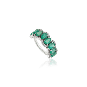 Bague demi-éternité de luxe en or blanc véritable 14 carats, sertie d'émeraudes poire et de diamants taille ronde, motif vague, bijoux fins en gros - Product Image 3