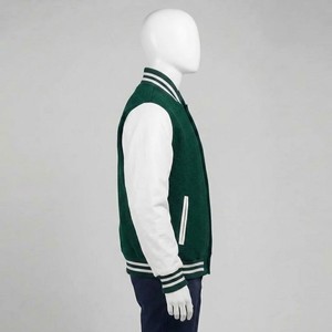 Hot Sale <b>Men's</b> Green <b>White</b> Varsity <b>Jacket</b> Preppy Style Turn-down Collar Button Closure Regular Fit Autumn Wear - Product Image 3