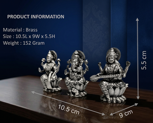Idole de la déesse Laxmi Ganesh Saraswati en laiton plaqué argent oxydé 999 de Jaipur Metals - Design Feng Shui 100% laiton - Fait main - Product Image 3