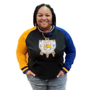 Sweat-shirt à col rond pour femme Sigma Gamma Rho Chenille Crest, noir, colorblock, manches raglan, avec poche, pull de sororité - Product Image 4