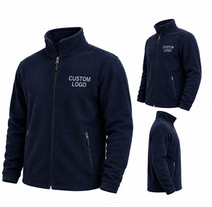 Men's Navy <b>Fleece</b> <b>Jacket</b> Full Zip Stand Collar Embroidery Front Custom Knitted 100% Polyester Cotton <b>Lining</b> Warm Casual Winter - Product Image 3
