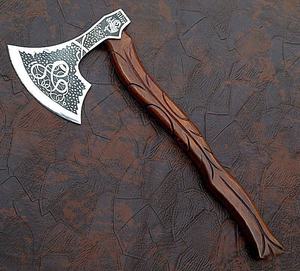 Hache Tomahawk de style Viking Jahangir Enterprise avec manche en bois sculpté et lame en acier au carbone forgé de qualité industrielle, personnalisable - Product Image 2