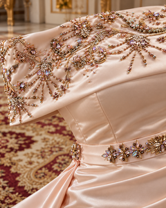 Mishkat Couture Moroccan Caftan <b>Champagne</b> Gold Silk Hand-Embroidered <b>Long</b> Bell Elegant Evening Gown Beaded Neckline Embellished - Product Image 6