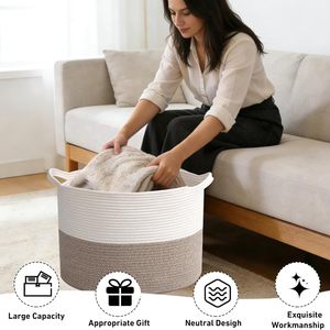 65L Large Woven Cotton Rope Nursery <b>Basket</b>, Laundry <b>Basket</b> Laundry Hamper with Handles,Blanket <b>Basket</b> <b>Storage</b> Bin - Product Image 3