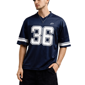 T-shirt de sport respirant Y2K Streetwear col en V bleu marine style maillot de football américain surdimensionné en mesh avec numéro 36 imprimé par sublimation OEM USA - Product Image 5