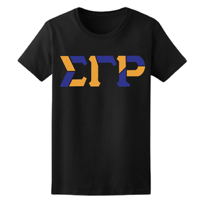 T-shirt décontracté noir pour femme Sigma Gamma Rho à blocs de couleur et lettres grecques, tee-shirt de sororité à manches courtes avec motif graphique personnalisé grec - Product Image 1