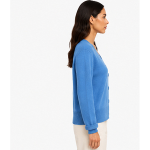 Women's Blue Knitted <b>Cardigan</b> Long Sleeve V-Neck Casual Solid Color <b>Sweater</b> With Button Closure Autumn Wear <b>Cardigans</b> <b>Sweaters</b> - Product Image 3