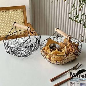Cesta de almacenamiento redonda de metal con asa, contenedor de alimentos de estilo industrial, cesta de alambre de hierro duradera para uso en la cocina - Product Image 1