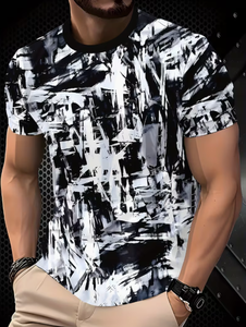 Camiseta Estampada de Moda para Hombre, Cuello Redondo, Uso Casual, Tela Suave y Cómoda, Diseño Elegante con Bloques de Color, Blanco y Negro, para Uso Diario - Product Image 1