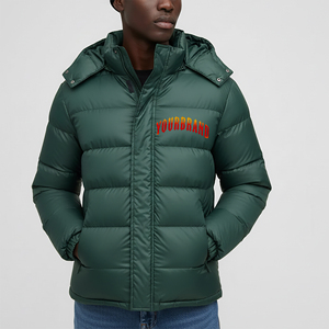 <b>Men's</b> Green Hooded Puffer <b>Jacket</b> With Front Logo Embroidery Windproof Winter Coat Regular Fit Zipper Closure - Product Image 1