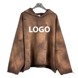 High Quality Red Cotton French Terry Oversize Hoodie for Men Distressed patch Drop Shoulder Plain Blank <b>Thick</b> <b>Fleece</b> for Winter - Product Image 6