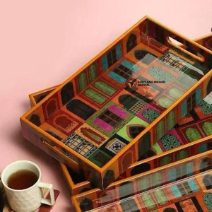 Set of 3 Decorative MDF Serving Trays High-<b>Gloss</b> <b>Paper</b> Enamel Nesting Trays with Floral Bird Print Luxury Wooden Ottoman Tray - Product Image 3