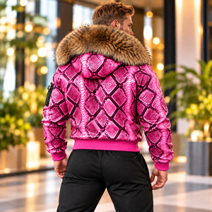 <b>Men's</b> Exotic Python Leather Zip-Up Jacket with Fox Fur Hood Premium Streetwear <b>Coat</b> | Herren Lederjacke | Chaqueta Hombre Cuero - Product Image 6