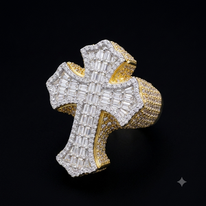 Anillos Personalizados de Hip Hop con Cruz de Jesús, Chapados en Oro, de Plata Esterlina 925 con Moissanita Helada y Diamantes Baguette para Hombre - Product Image 5