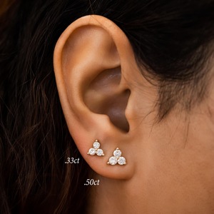 14k Gold Diamond Trio Stud Earring Triangle Cluster Sparkling Minimalist Geometric Design Fine Jewelry Three <b>Stone</b> Dainty Studs - Product Image 4