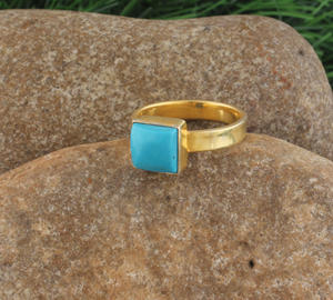 Shree Jaipur <b>Silver</b> 18K Gold Plated Square Turquoise 925 <b>Sterling</b> <b>Silver</b> Flat Band Classic Bezel <b>Set</b> Gemstone <b>Ring</b> Custom Fine - Product Image 2