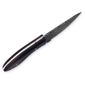 Cuchillo de caza de acero de Damasco de grado industrial, hoja fija tipo Skinner con punta de gota y filo serrado, 4.5mm de grosor, espiga completa, mango de madera y cuero - Product Image 2