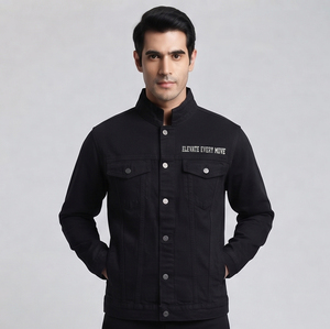 <b>Men's</b> Black Denim <b>Jacket</b> Mandarin Collar Embroidered <b>Lettering</b> Casual Outerwear Regular Fit Single Breasted Denim <b>Jackets</b> <b>Men</b> - Product Image 3