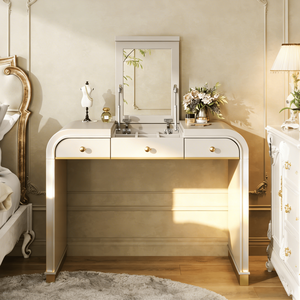 Champagne Classic Wood Vanity <b>Desk</b> for <b>Bedroom</b> 3-in-1 Dressing Table with Flip Mirror and 2 Drawers for Makeup Storage - Product Image 2