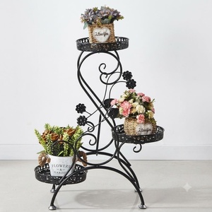 Support de plantes circulaire vintage en fer forgé avec revêtement époxy, pour 3 pots, support de pot de fleurs intérieur/extérieur, décoration de jardin artisanale - Product Image 1