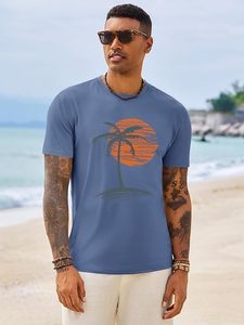 Camiseta de Manga Larga Azul para Hombre, Estampado de Palmeras al Atardecer, Cuello Redondo, Estilo Casual, 100% Algodón Jersey, Estampado Digital - Product Image 3