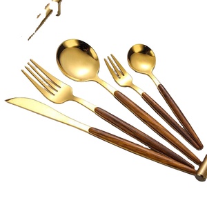 En bois poli incroyable longue poignée ronde en acier inoxydable or poli argenterie concepteur personnaliser couverts - Product Image 1