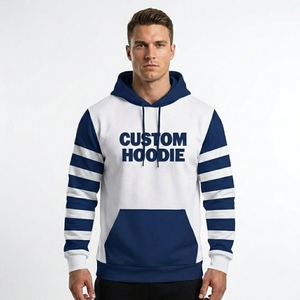 Sudadera con Capucha Personalizada para Hombre, Blanca con Rayas Azul Marino en las Mangas, Tejido Casual de 370g, Diseño con Bolsillo y Estampado Frontal, Corte Regular, para Otoño - Product Image 1