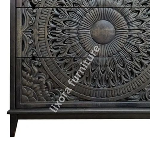 Commode de luxe artisanale en bois massif à 3 tiroirs, avec sculpture mandala lotus ornée, finition noir anthracite - Product Image 3