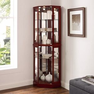 6 Shelf Cherry <b>Corner</b> Curio Display Cabinet with Lights Mirrors & Adjustable Shelves E26 Bulb Not Included - Product Image 1