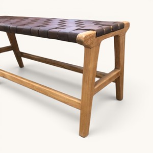 Muebles de Exterior Modernos de Madera de Teca, Banco de Madera Maciza con Correa de Cuero Tejida, para Entrada, Balcón, Jardín, Patio, Venta Directa de Fábrica al por Mayor - Product Image 1
