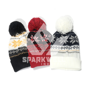 Bonnet unisexe SPARKWELL en jacquard avec pompon, motif géométrique rouge et noir, 56-58 cm, chapeau d'hiver décontracté pour l'extérieur - Product Image 4