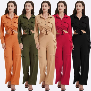 Women Black Full Length Cargo <b>Pants</b> Set Casual Solid Color Long Sleeve Shirt With Knot Detail Turn-<b>down</b> Collar Spring Style - Product Image 1