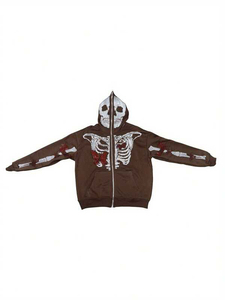Sudadera con capucha de algodón polar marrón con cremallera completa y diamantes de imitación, estilo esqueleto, para hombre, con logotipo personalizado, fabricación estilo vintage - Product Image 2