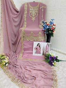 ชุดสัลวาร์ คามีซ คุรตา/คุรตี ปักลายผ้าจอร์เจตต์เทียม สีชมพู ความยาวระดับเข่า ทรงปกติ ดีไซน์หรูหราสำหรับผู้หญิง - Product Image 3