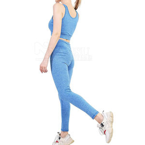 Women's Solid Yoga Set 2 Piece Knee Length Leggings <b>Crop</b> <b>Top</b> <b>Mesh</b> Panel Spandex Seamless Halter Custom Athletic Anti-Bacterial - Product Image 1