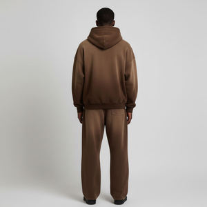 Ensemble de survêtement pour homme en molleton de coton marron, comprenant un sweat à capuche zippé surdimensionné et un pantalon de survêtement à jambes larges, décontracté deux pièces - Product Image 5